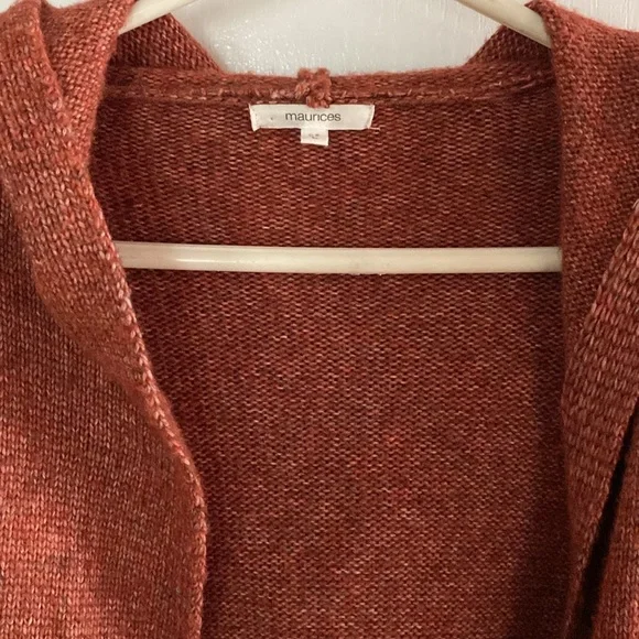 Maurices hooded open front cardigan with belt, burnt orange, large, EUC - Picture 5 of 7
